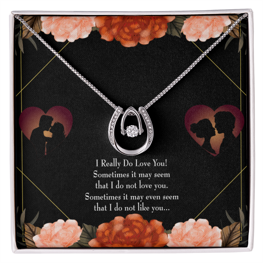 To My Girlfriend I Really Love You Lucky Horseshoe Necklace Message Card 14k w CZ Crystals-Express Your Love Gifts