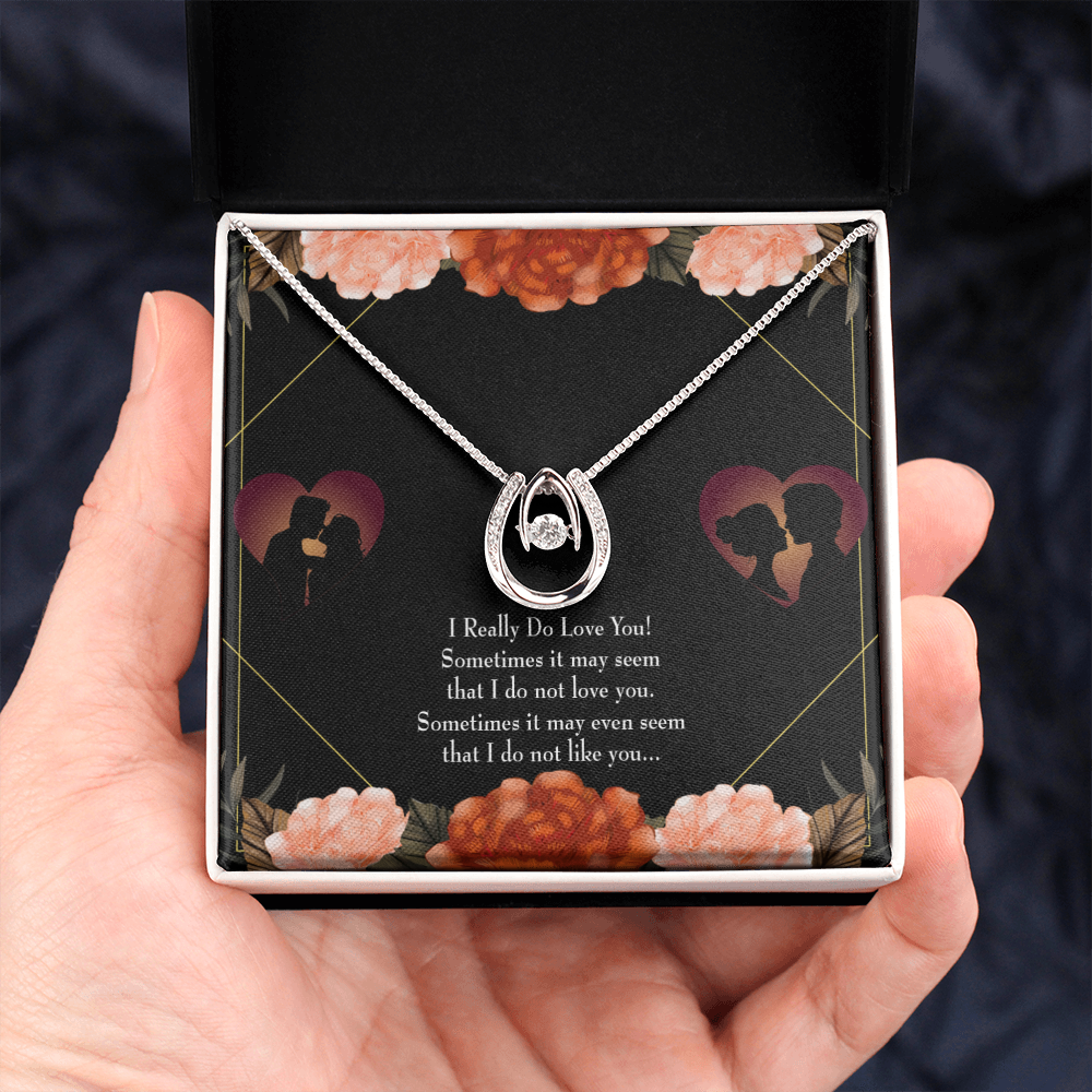 To My Girlfriend I Really Love You Lucky Horseshoe Necklace Message Card 14k w CZ Crystals-Express Your Love Gifts