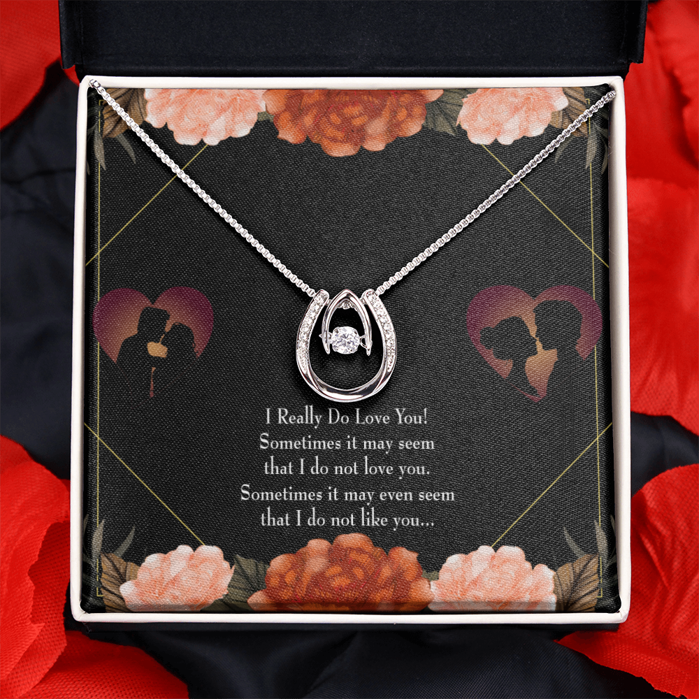 To My Girlfriend I Really Love You Lucky Horseshoe Necklace Message Card 14k w CZ Crystals-Express Your Love Gifts