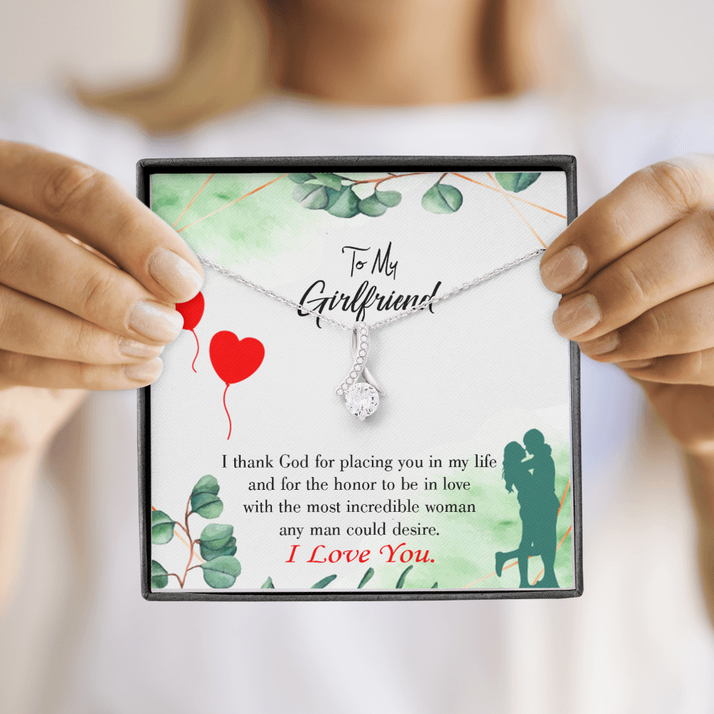 To My Girlfriend I Thank God Alluring Ribbon Necklace Message Card-Express Your Love Gifts