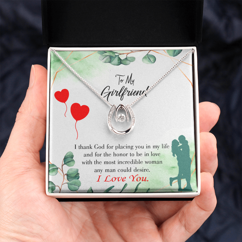 To My Girlfriend I Thank God Lucky Horseshoe Necklace Message Card 14k w CZ Crystals-Express Your Love Gifts