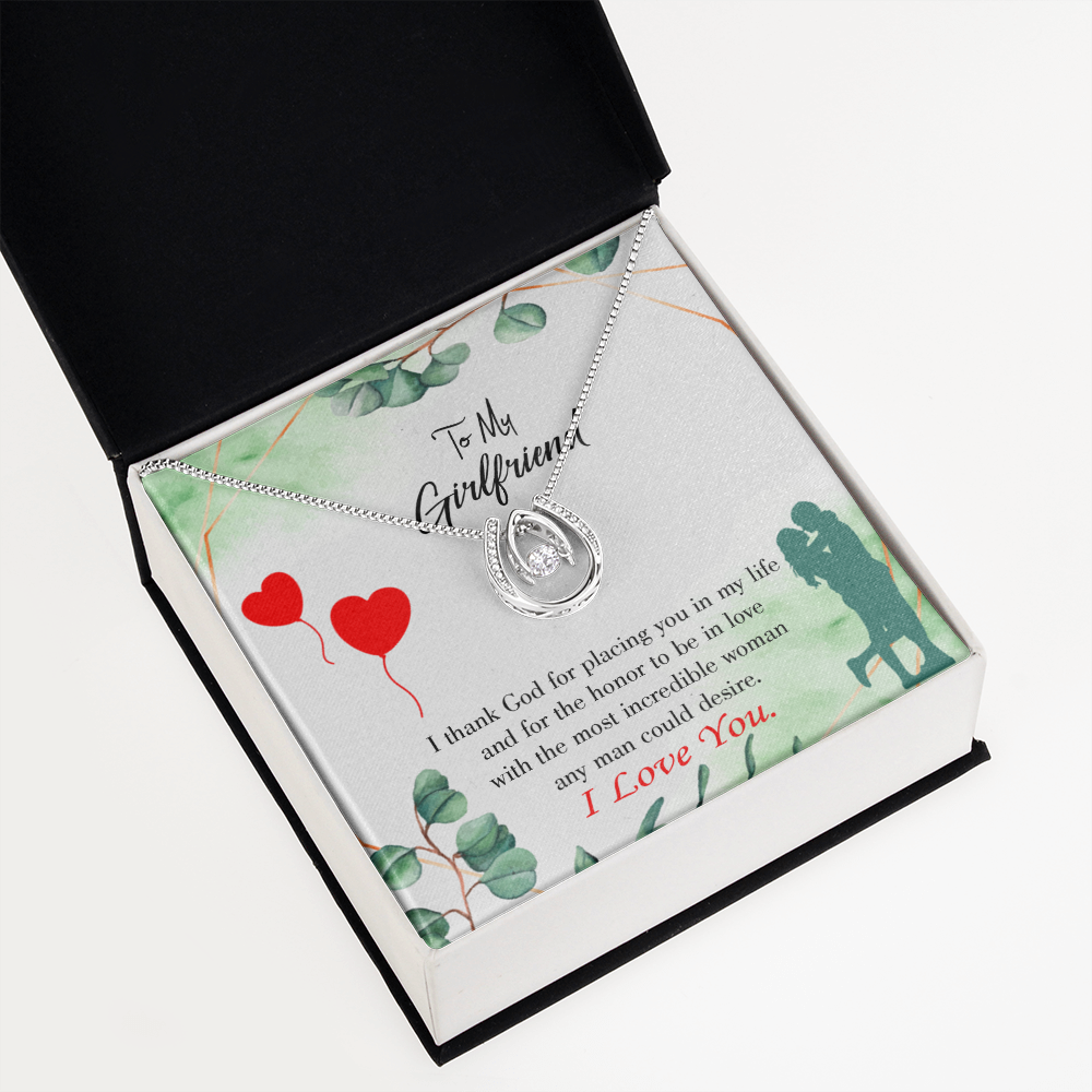 To My Girlfriend I Thank God Lucky Horseshoe Necklace Message Card 14k w CZ Crystals-Express Your Love Gifts