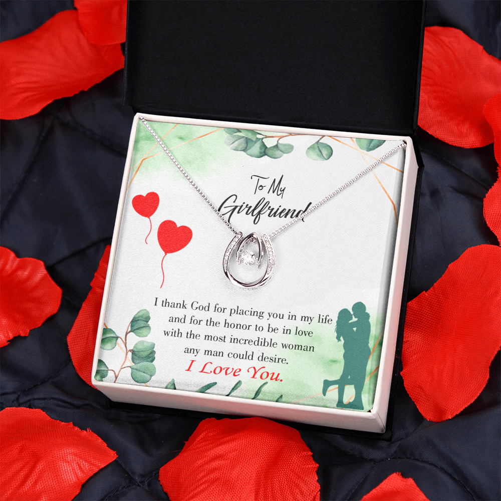 To My Girlfriend I Thank God Lucky Horseshoe Necklace Message Card 14k w CZ Crystals-Express Your Love Gifts