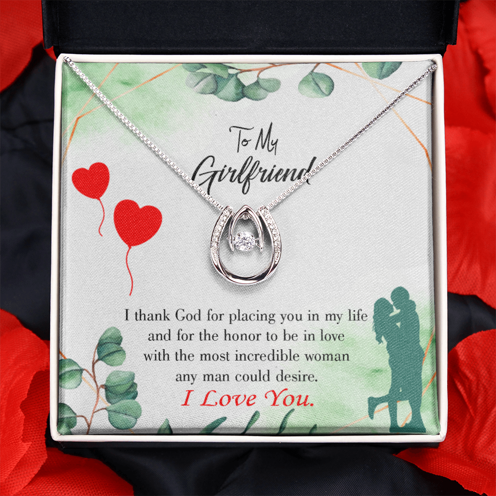 To My Girlfriend I Thank God Lucky Horseshoe Necklace Message Card 14k w CZ Crystals-Express Your Love Gifts