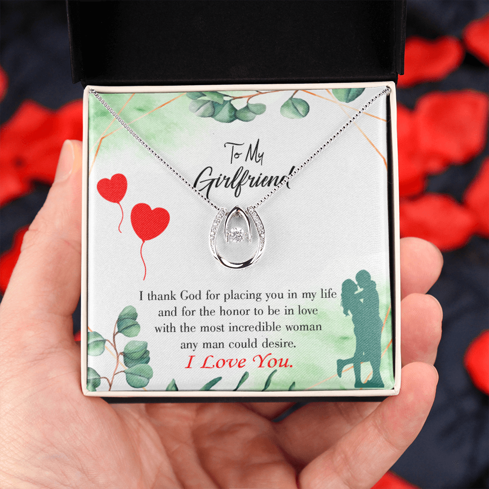 To My Girlfriend I Thank God Lucky Horseshoe Necklace Message Card 14k w CZ Crystals-Express Your Love Gifts