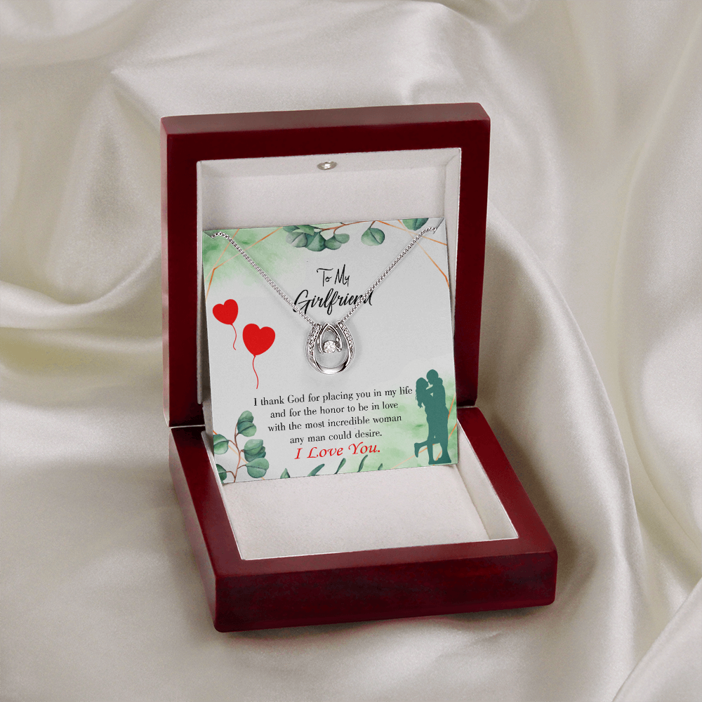 To My Girlfriend I Thank God Lucky Horseshoe Necklace Message Card 14k w CZ Crystals-Express Your Love Gifts