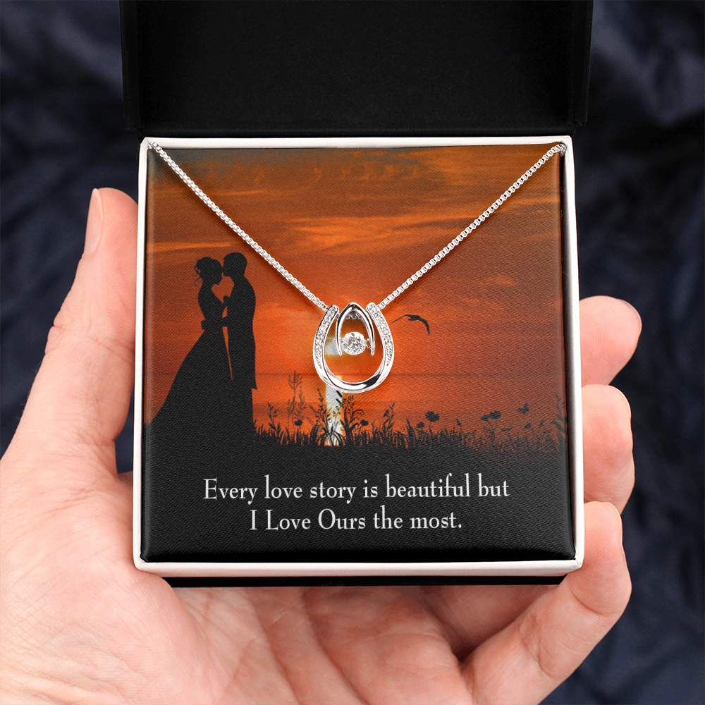 To My Girlfriend Love Our Story Lucky Horseshoe Necklace Message Card 14k w CZ Crystals-Express Your Love Gifts