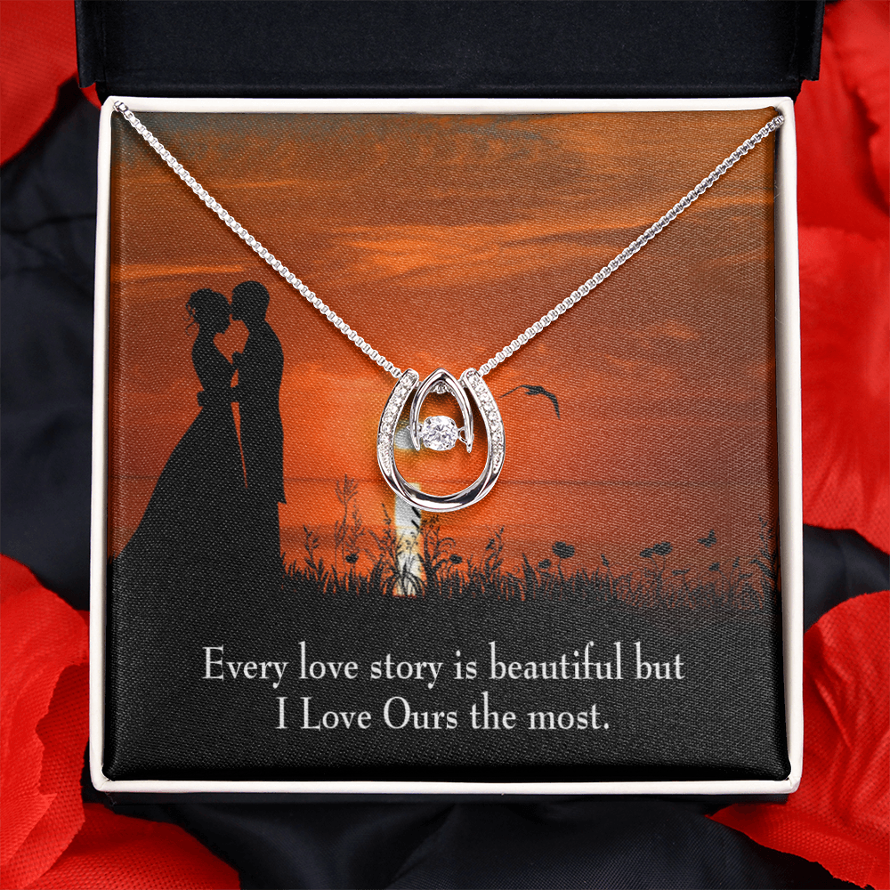To My Girlfriend Love Our Story Lucky Horseshoe Necklace Message Card 14k w CZ Crystals-Express Your Love Gifts