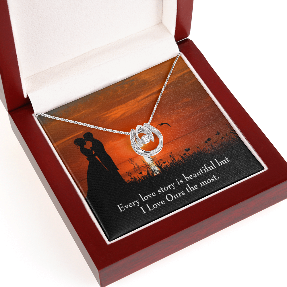 To My Girlfriend Love Our Story Lucky Horseshoe Necklace Message Card 14k w CZ Crystals-Express Your Love Gifts