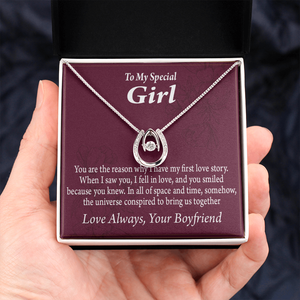 To My Girlfriend Love Story Lucky Horseshoe Necklace Message Card 14k w CZ Crystals-Express Your Love Gifts