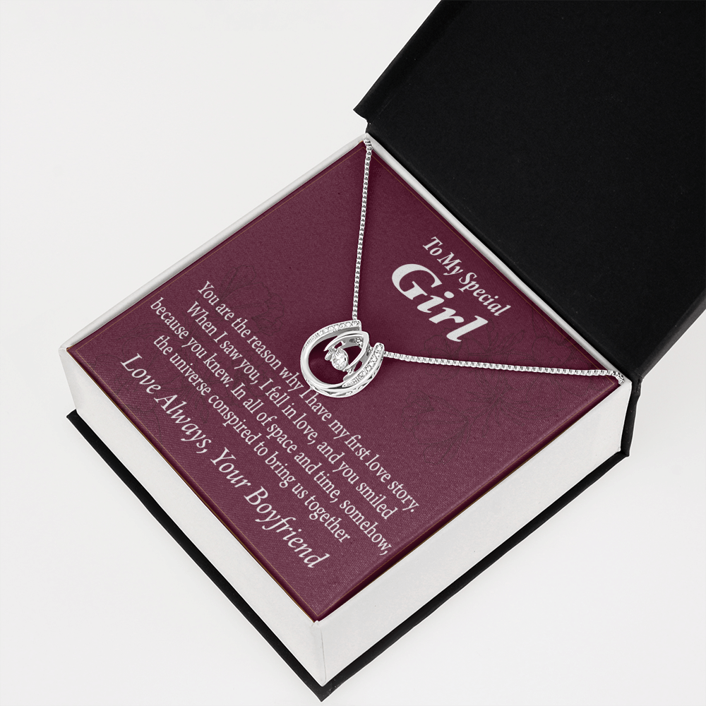 To My Girlfriend Love Story Lucky Horseshoe Necklace Message Card 14k w CZ Crystals-Express Your Love Gifts