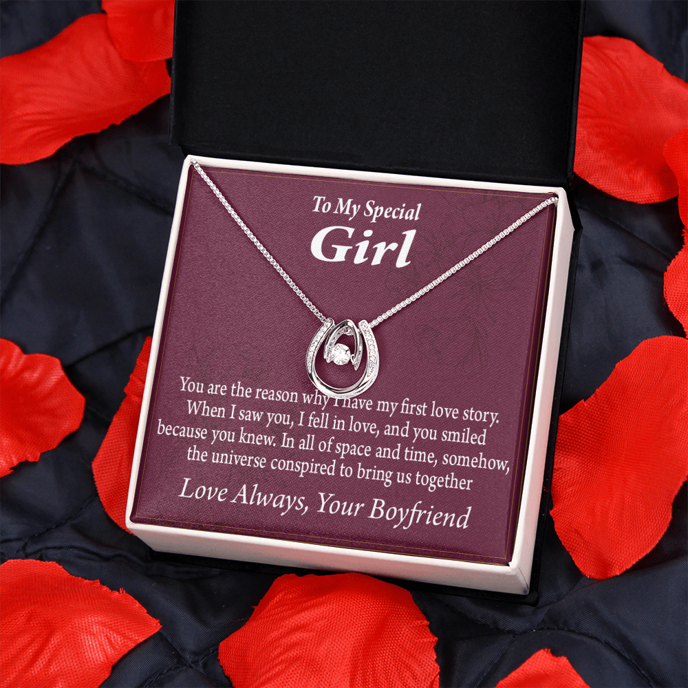 To My Girlfriend Love Story Lucky Horseshoe Necklace Message Card 14k w CZ Crystals-Express Your Love Gifts