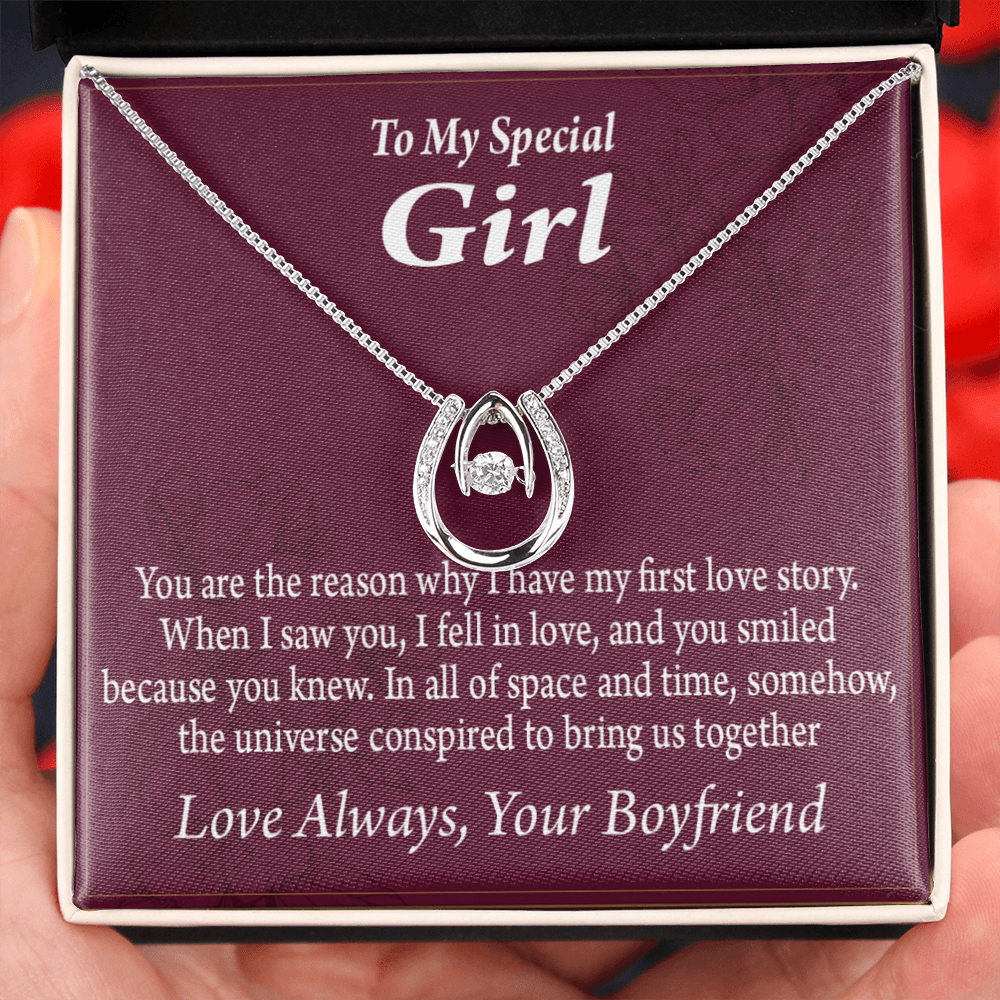 To My Girlfriend Love Story Lucky Horseshoe Necklace Message Card 14k w CZ Crystals-Express Your Love Gifts