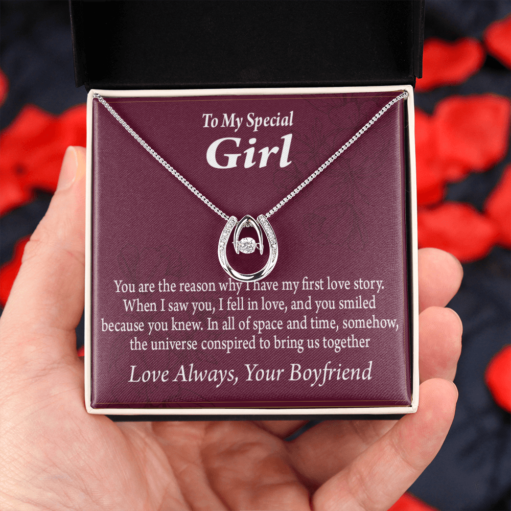 To My Girlfriend Love Story Lucky Horseshoe Necklace Message Card 14k w CZ Crystals-Express Your Love Gifts