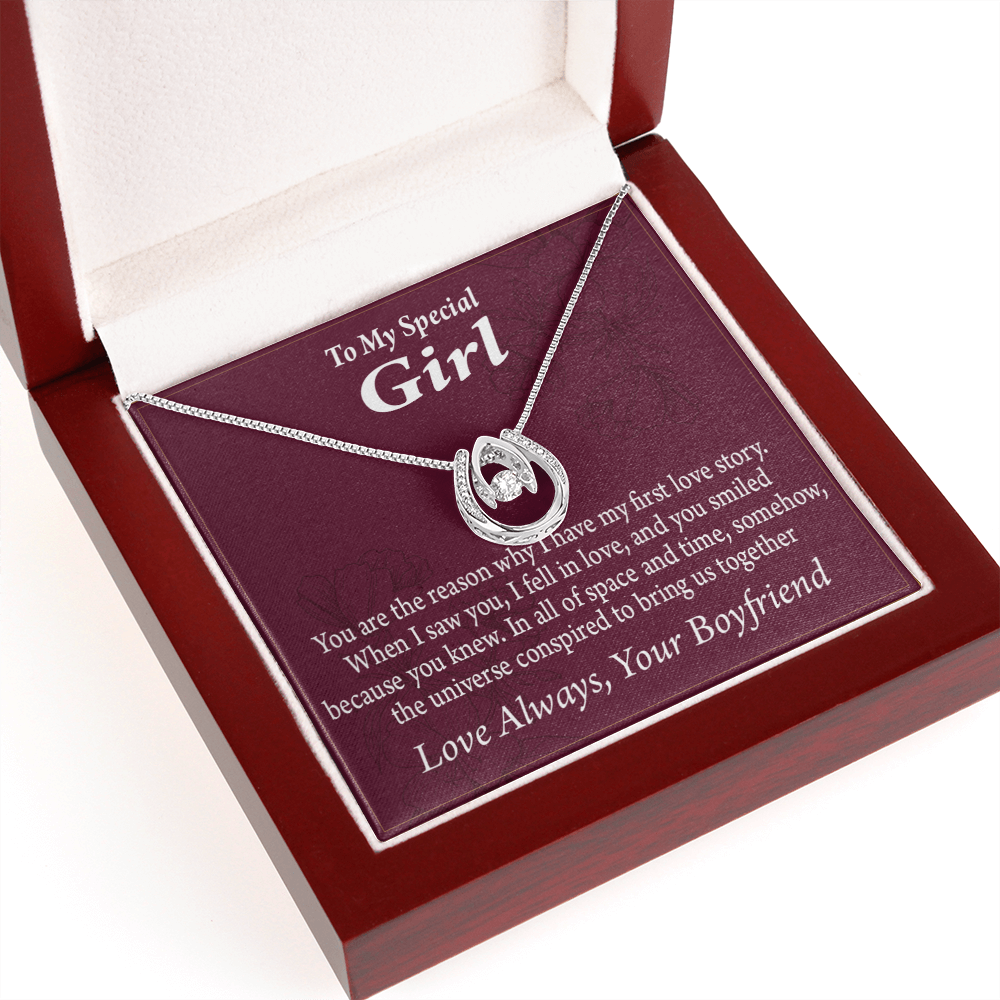 To My Girlfriend Love Story Lucky Horseshoe Necklace Message Card 14k w CZ Crystals-Express Your Love Gifts