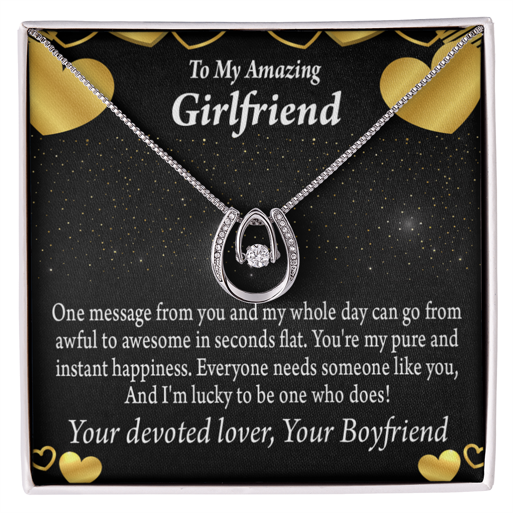 To My Girlfriend Lucky To Have You Lucky Horseshoe Necklace Message Card 14k w CZ Crystals-Express Your Love Gifts