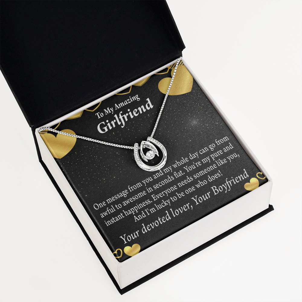 To My Girlfriend Lucky To Have You Lucky Horseshoe Necklace Message Card 14k w CZ Crystals-Express Your Love Gifts