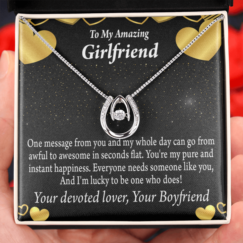 To My Girlfriend Lucky To Have You Lucky Horseshoe Necklace Message Card 14k w CZ Crystals-Express Your Love Gifts
