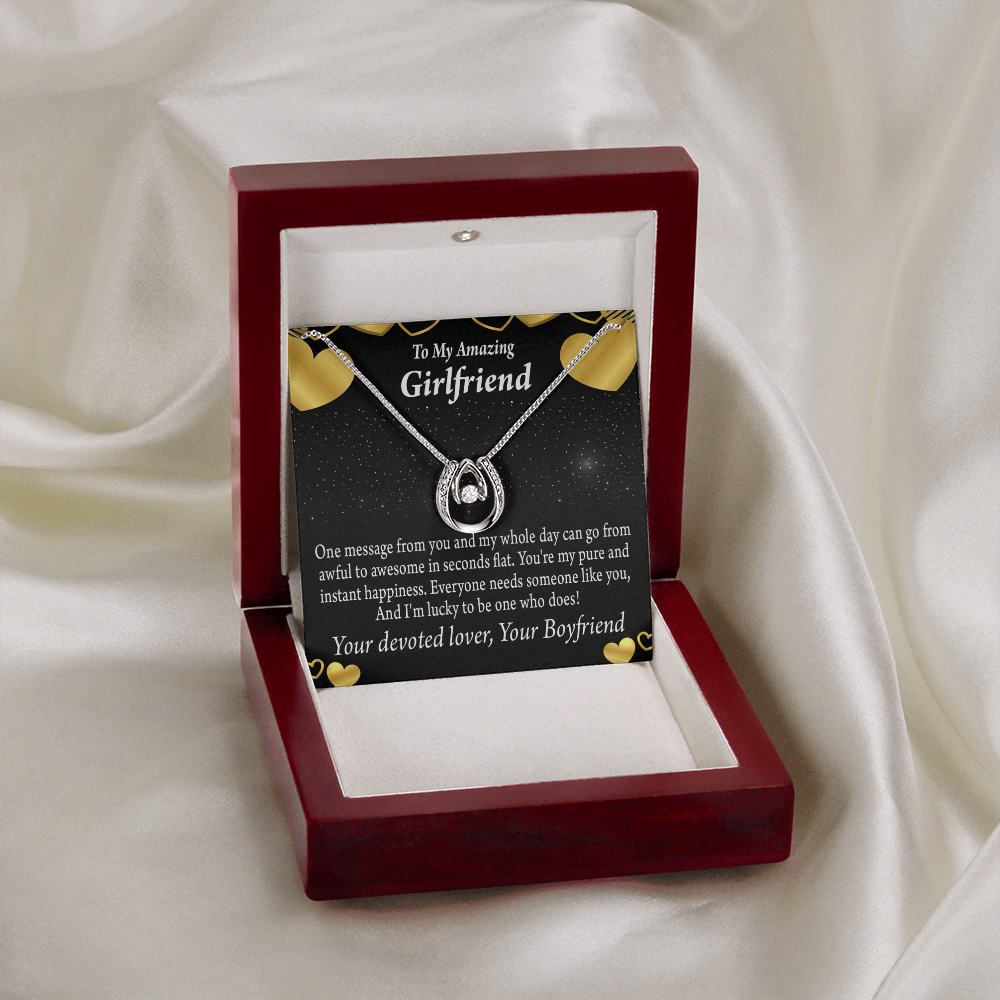 To My Girlfriend Lucky To Have You Lucky Horseshoe Necklace Message Card 14k w CZ Crystals-Express Your Love Gifts