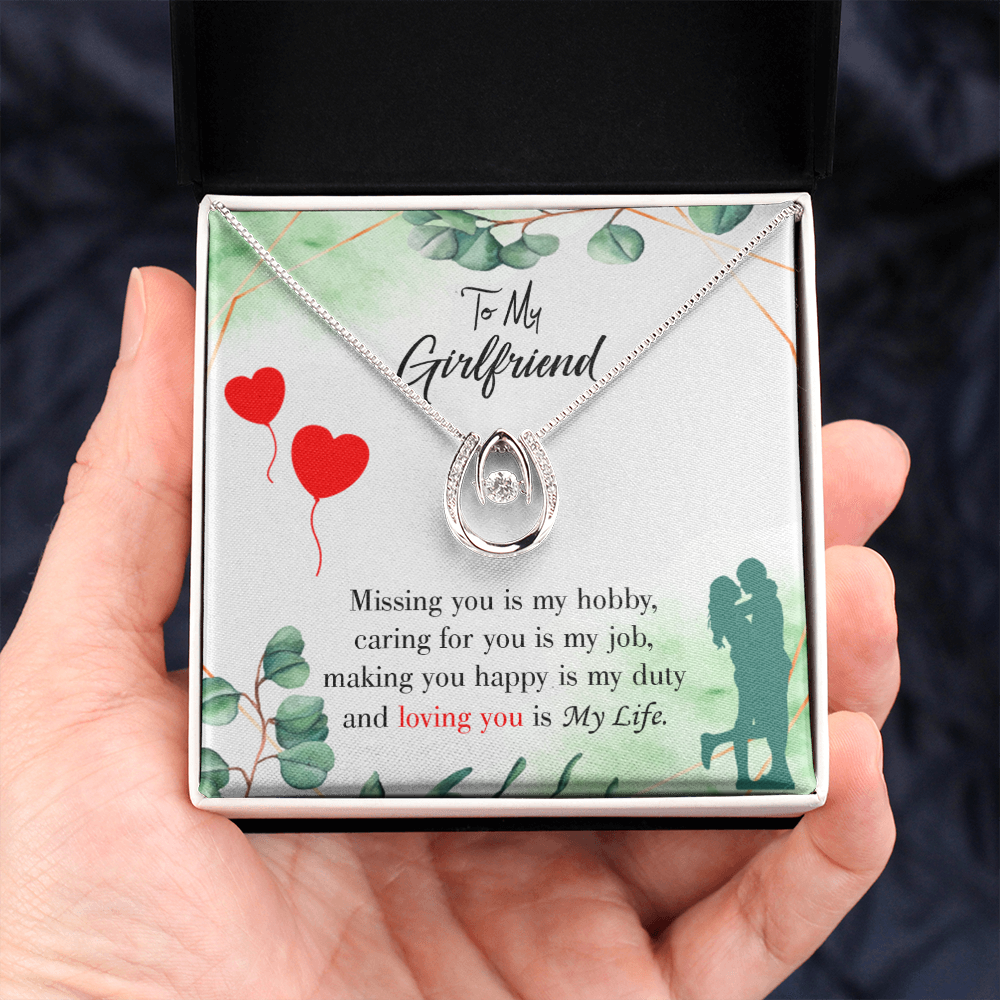 To My Girlfriend Missing You is my Hobby Lucky Horseshoe Necklace Message Card 14k w CZ Crystals-Express Your Love Gifts