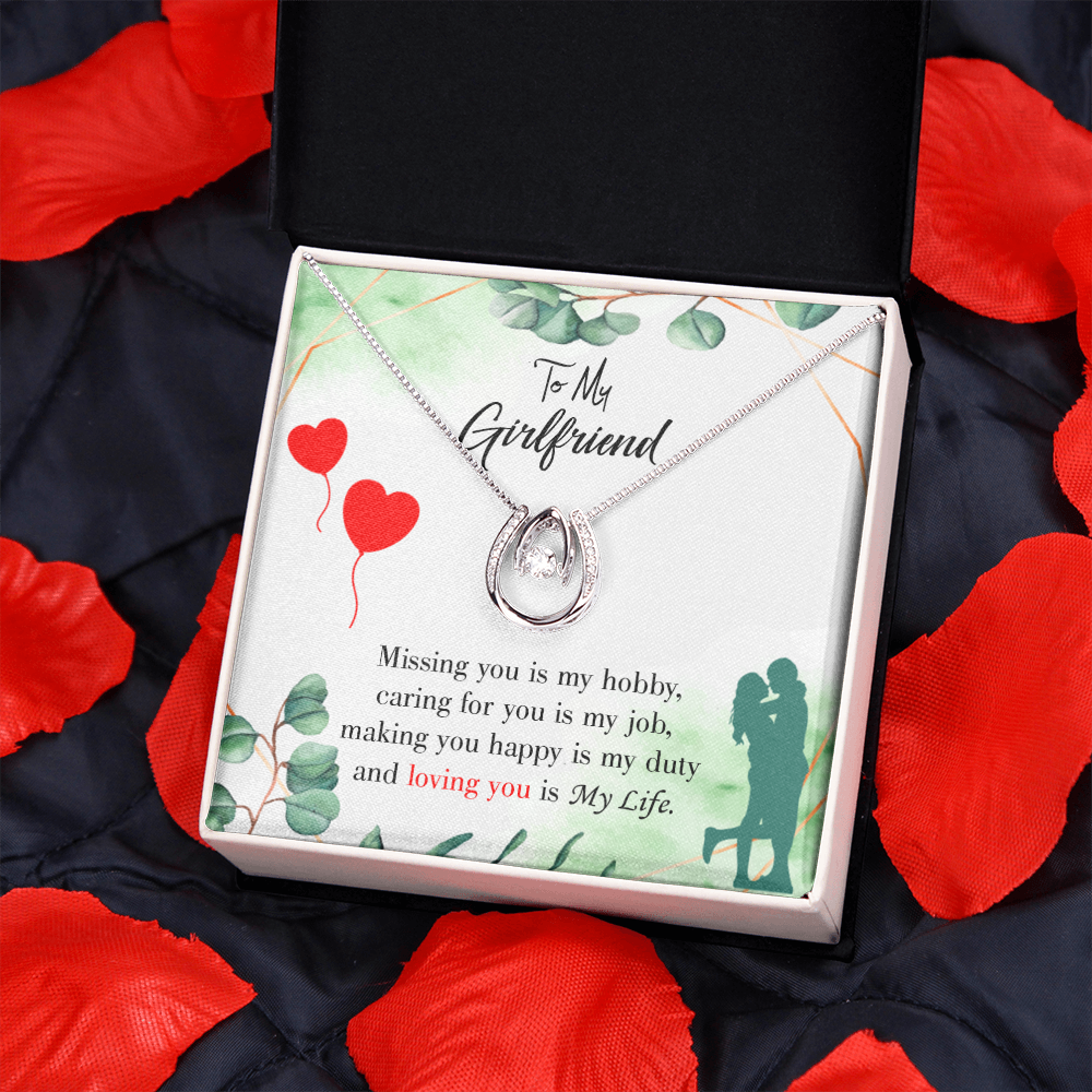To My Girlfriend Missing You is my Hobby Lucky Horseshoe Necklace Message Card 14k w CZ Crystals-Express Your Love Gifts