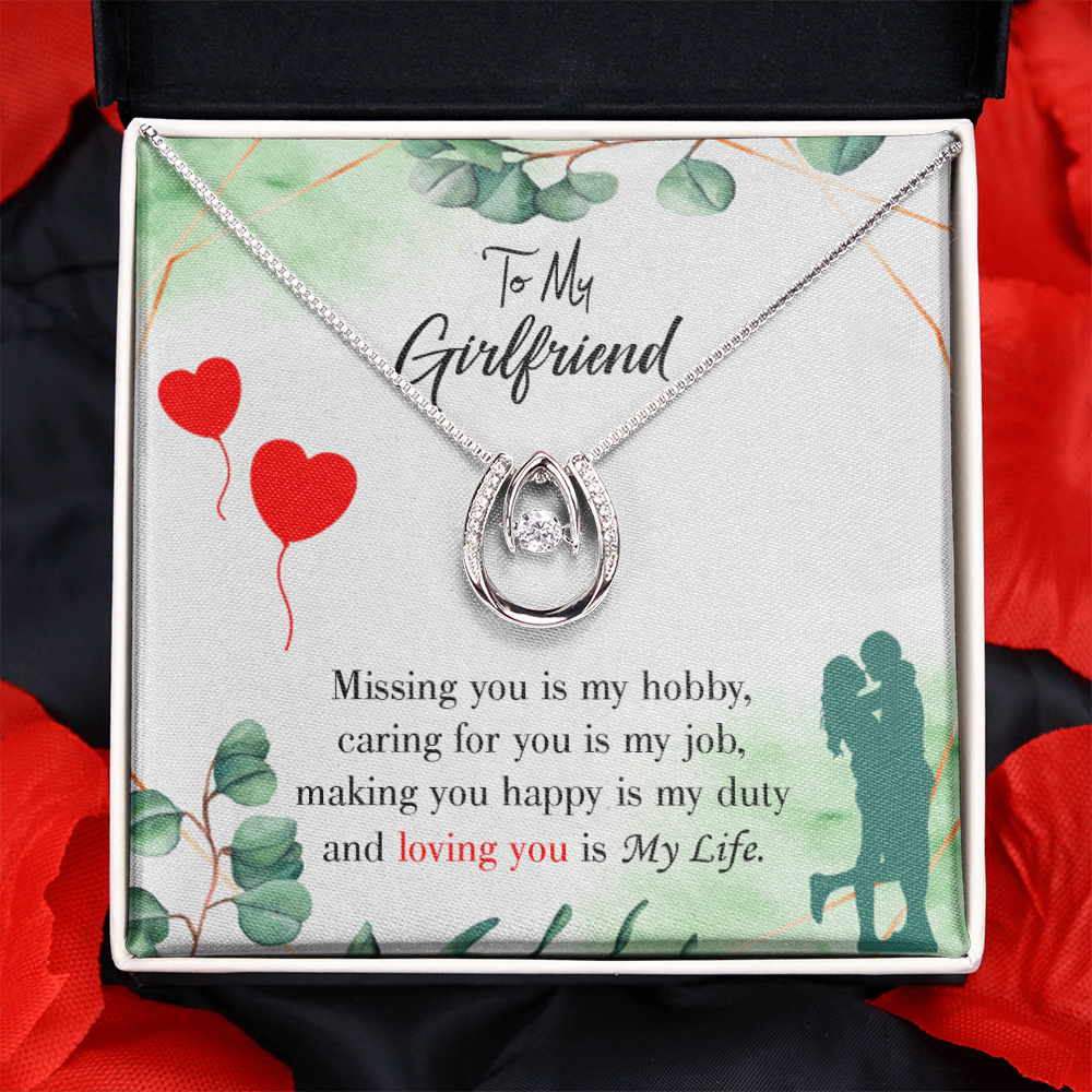 To My Girlfriend Missing You is my Hobby Lucky Horseshoe Necklace Message Card 14k w CZ Crystals-Express Your Love Gifts