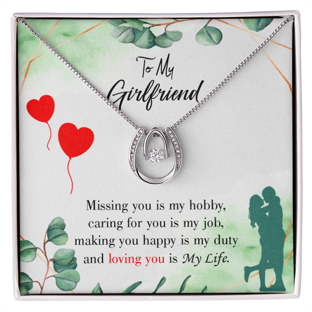 To My Girlfriend Missing You is my Hobby Lucky Horseshoe Necklace Message Card 14k w CZ Crystals-Express Your Love Gifts