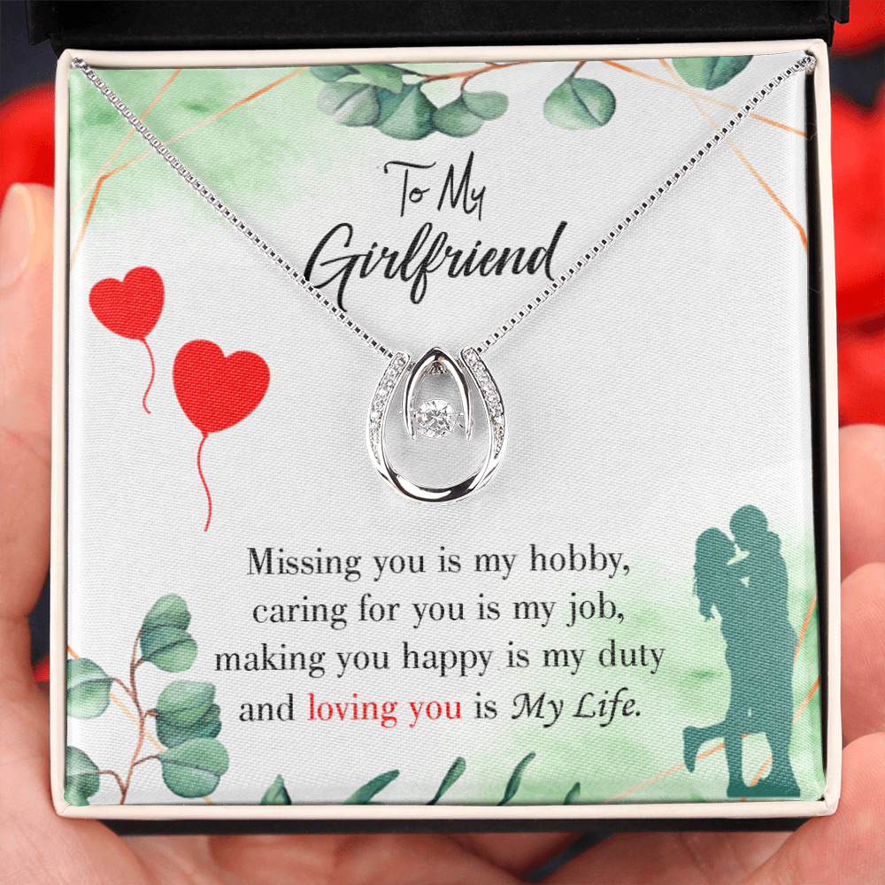 To My Girlfriend Missing You is my Hobby Lucky Horseshoe Necklace Message Card 14k w CZ Crystals-Express Your Love Gifts
