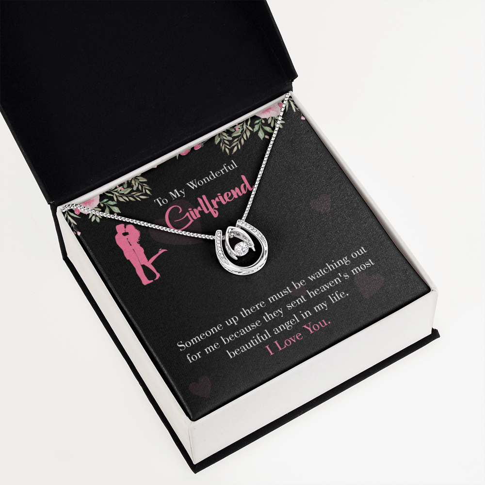 To My Girlfriend Most Beautiful Angel Lucky Horseshoe Necklace Message Card 14k w CZ Crystals-Express Your Love Gifts