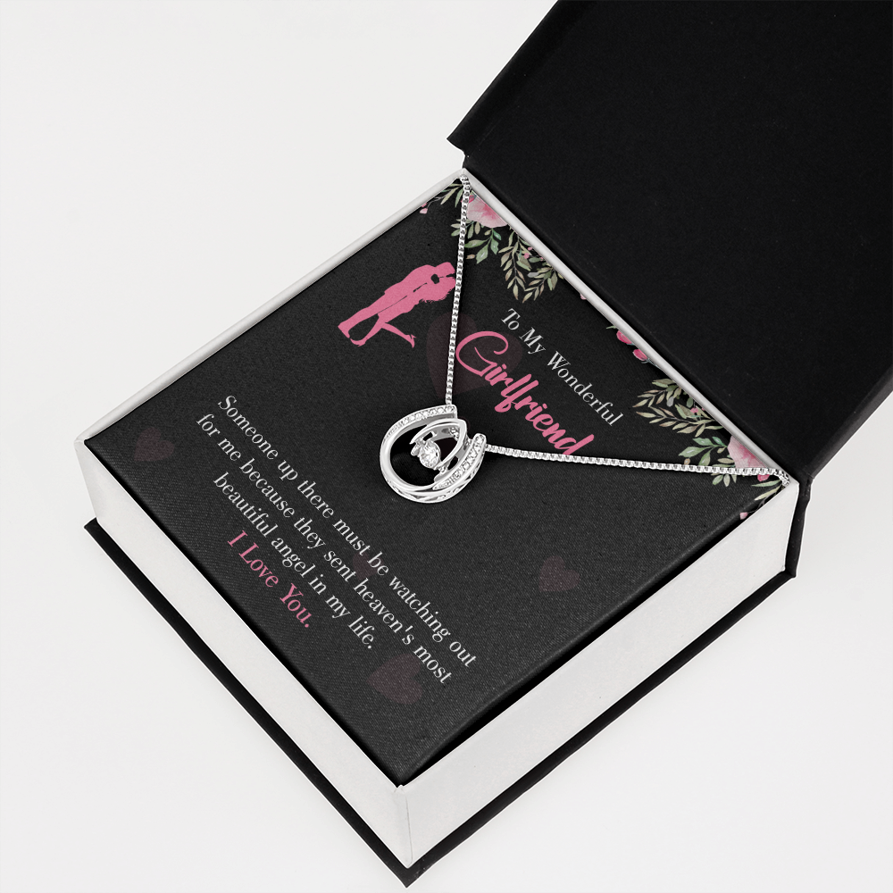 To My Girlfriend Most Beautiful Angel Lucky Horseshoe Necklace Message Card 14k w CZ Crystals-Express Your Love Gifts
