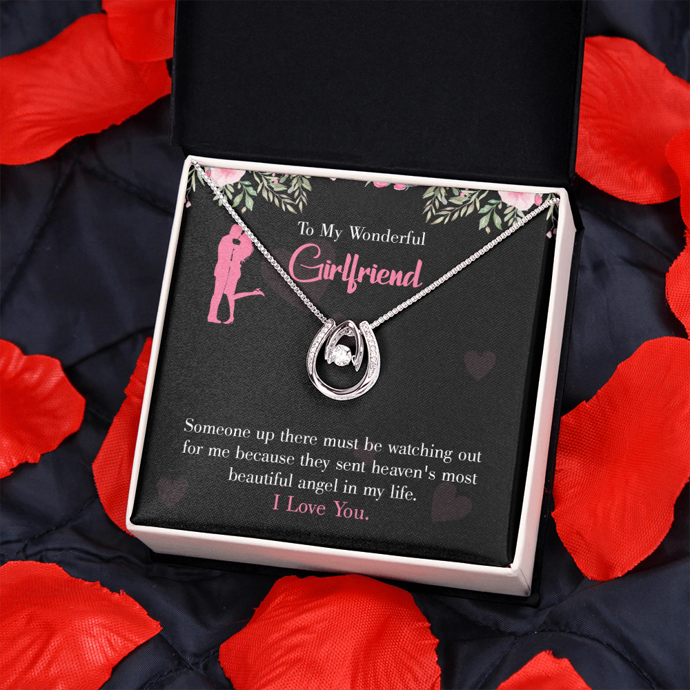 To My Girlfriend Most Beautiful Angel Lucky Horseshoe Necklace Message Card 14k w CZ Crystals-Express Your Love Gifts