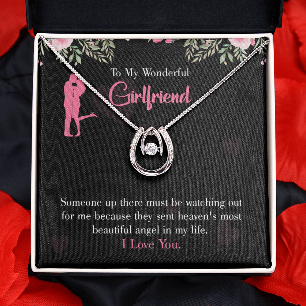 To My Girlfriend Most Beautiful Angel Lucky Horseshoe Necklace Message Card 14k w CZ Crystals-Express Your Love Gifts