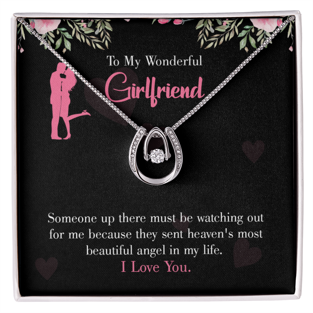 To My Girlfriend Most Beautiful Angel Lucky Horseshoe Necklace Message Card 14k w CZ Crystals-Express Your Love Gifts