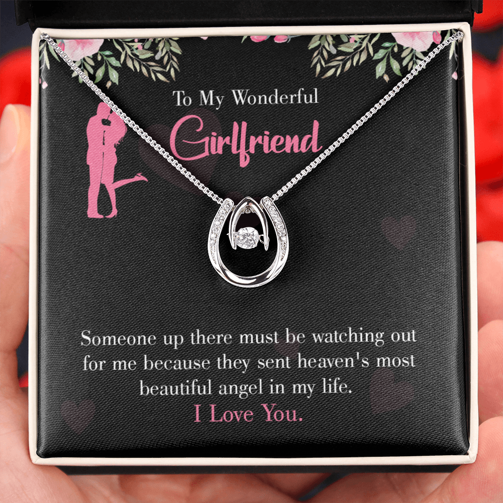 To My Girlfriend Most Beautiful Angel Lucky Horseshoe Necklace Message Card 14k w CZ Crystals-Express Your Love Gifts