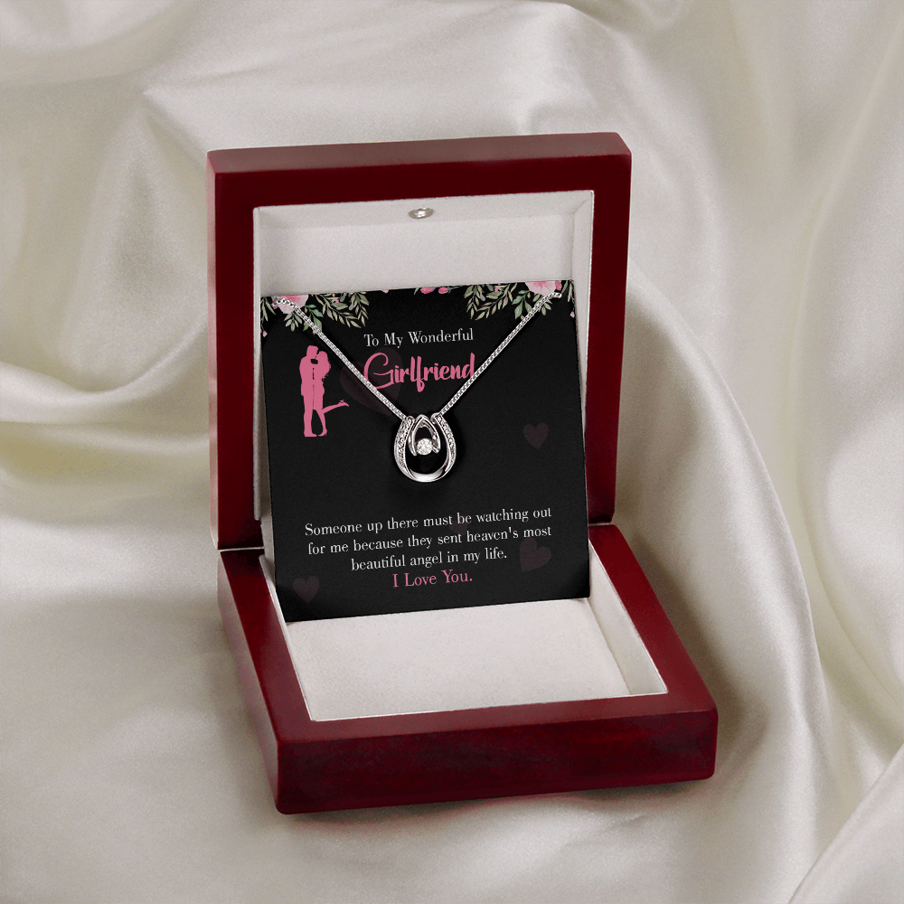 To My Girlfriend Most Beautiful Angel Lucky Horseshoe Necklace Message Card 14k w CZ Crystals-Express Your Love Gifts