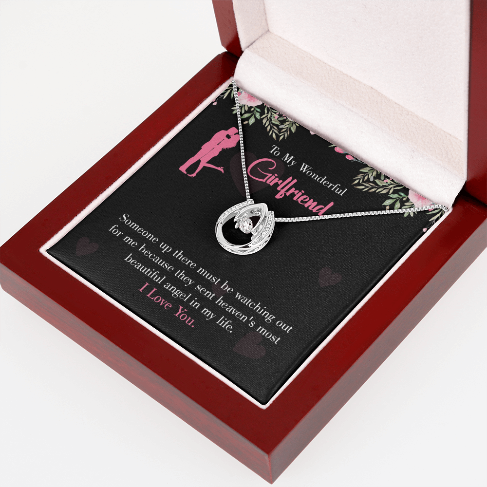 To My Girlfriend Most Beautiful Angel Lucky Horseshoe Necklace Message Card 14k w CZ Crystals-Express Your Love Gifts