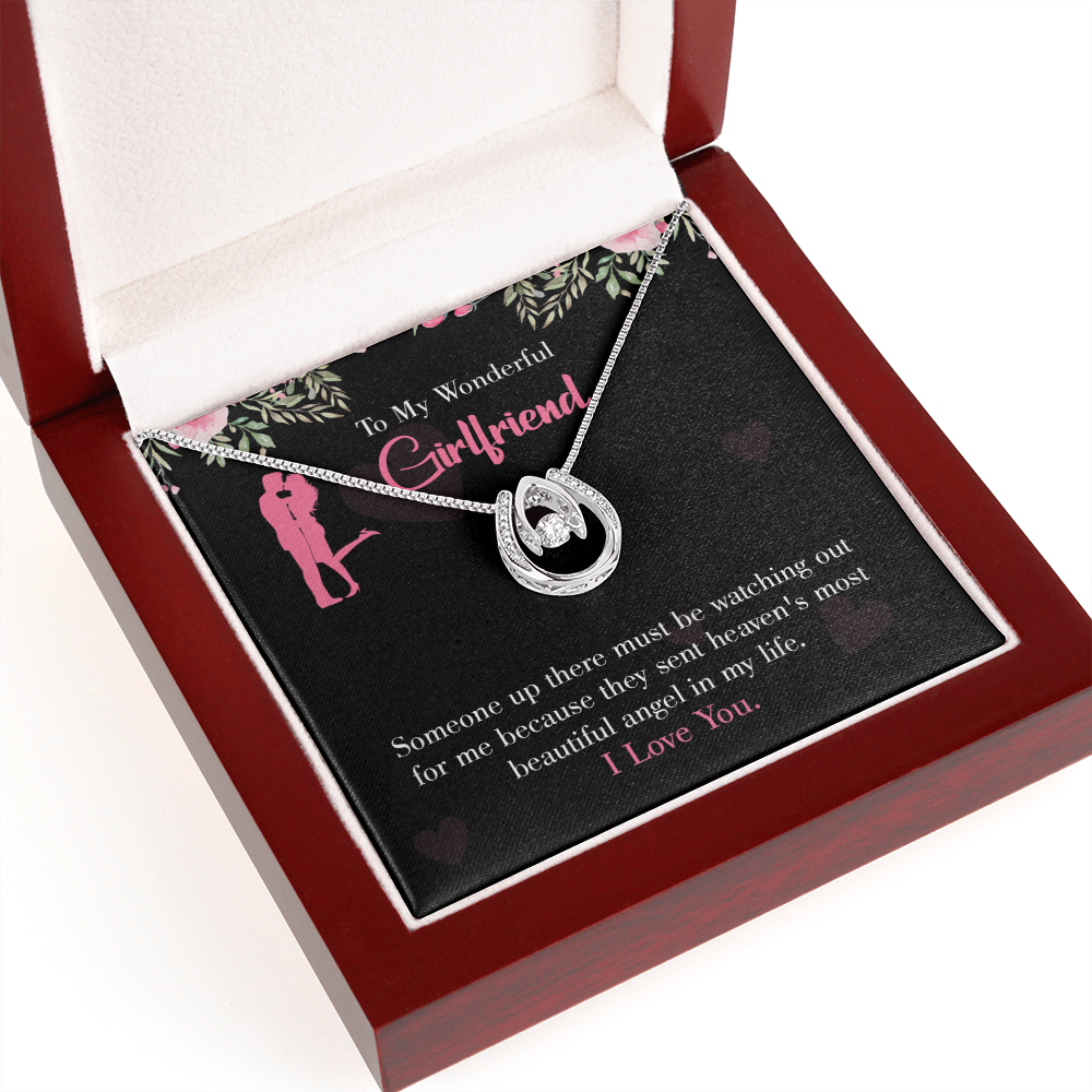 To My Girlfriend Most Beautiful Angel Lucky Horseshoe Necklace Message Card 14k w CZ Crystals-Express Your Love Gifts