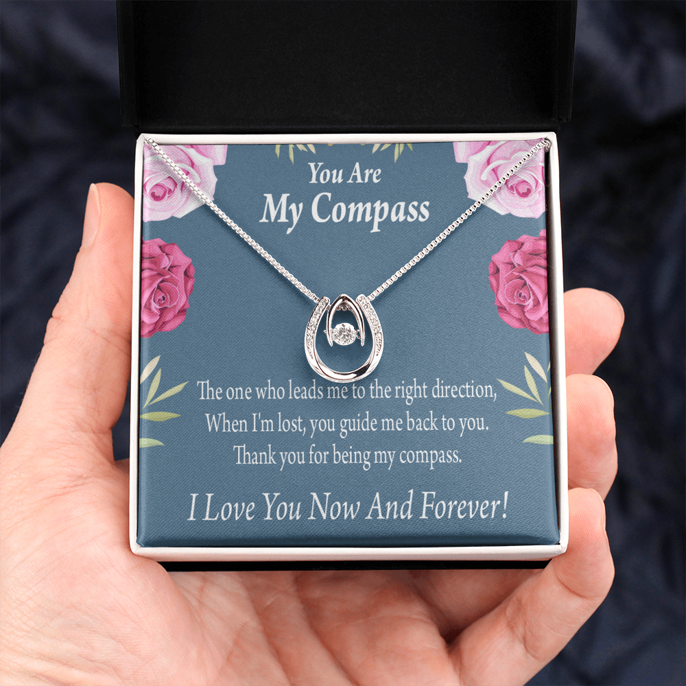 To My Girlfriend My Compass Lucky Horseshoe Necklace Message Card 14k w CZ Crystals-Express Your Love Gifts