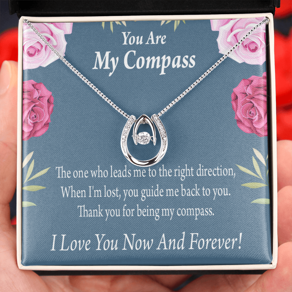 To My Girlfriend My Compass Lucky Horseshoe Necklace Message Card 14k w CZ Crystals-Express Your Love Gifts