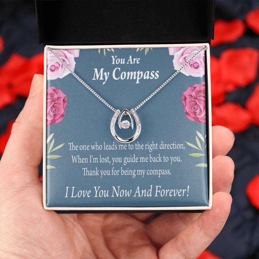 To My Girlfriend My Compass Lucky Horseshoe Necklace Message Card 14k w CZ Crystals-Express Your Love Gifts