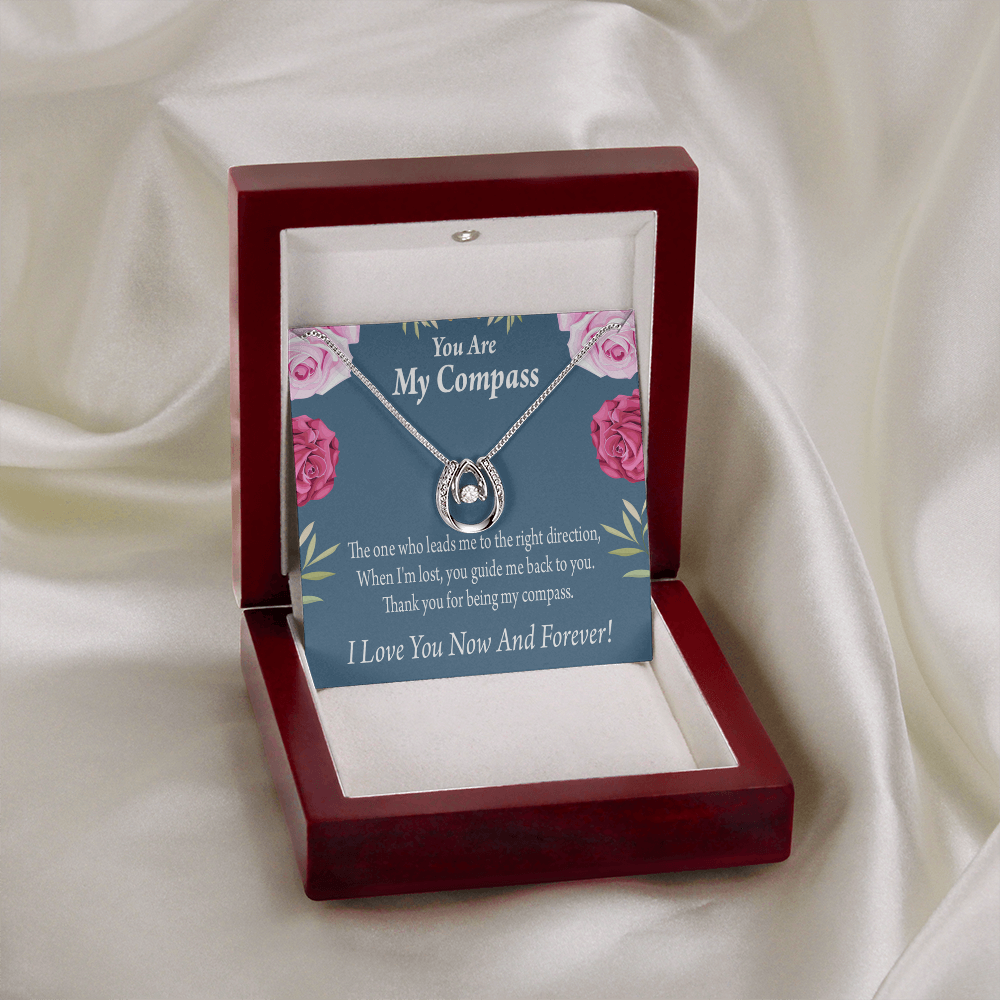 To My Girlfriend My Compass Lucky Horseshoe Necklace Message Card 14k w CZ Crystals-Express Your Love Gifts