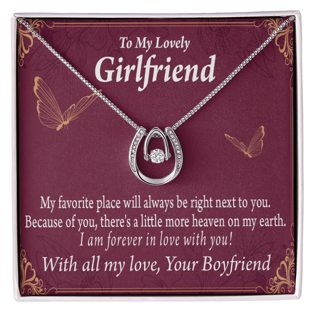 To My Girlfriend My Favorite Place Lucky Horseshoe Necklace Message Card 14k w CZ Crystals-Express Your Love Gifts