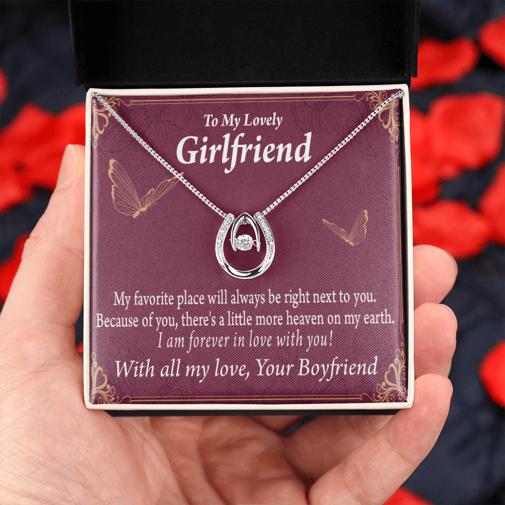To My Girlfriend My Favorite Place Lucky Horseshoe Necklace Message Card 14k w CZ Crystals-Express Your Love Gifts
