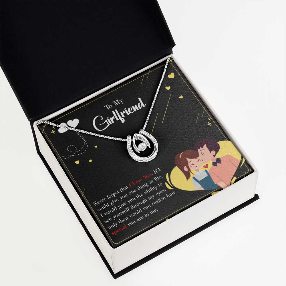 To My Girlfriend Never Forget Lucky Horseshoe Necklace Message Card 14k w CZ Crystals-Express Your Love Gifts
