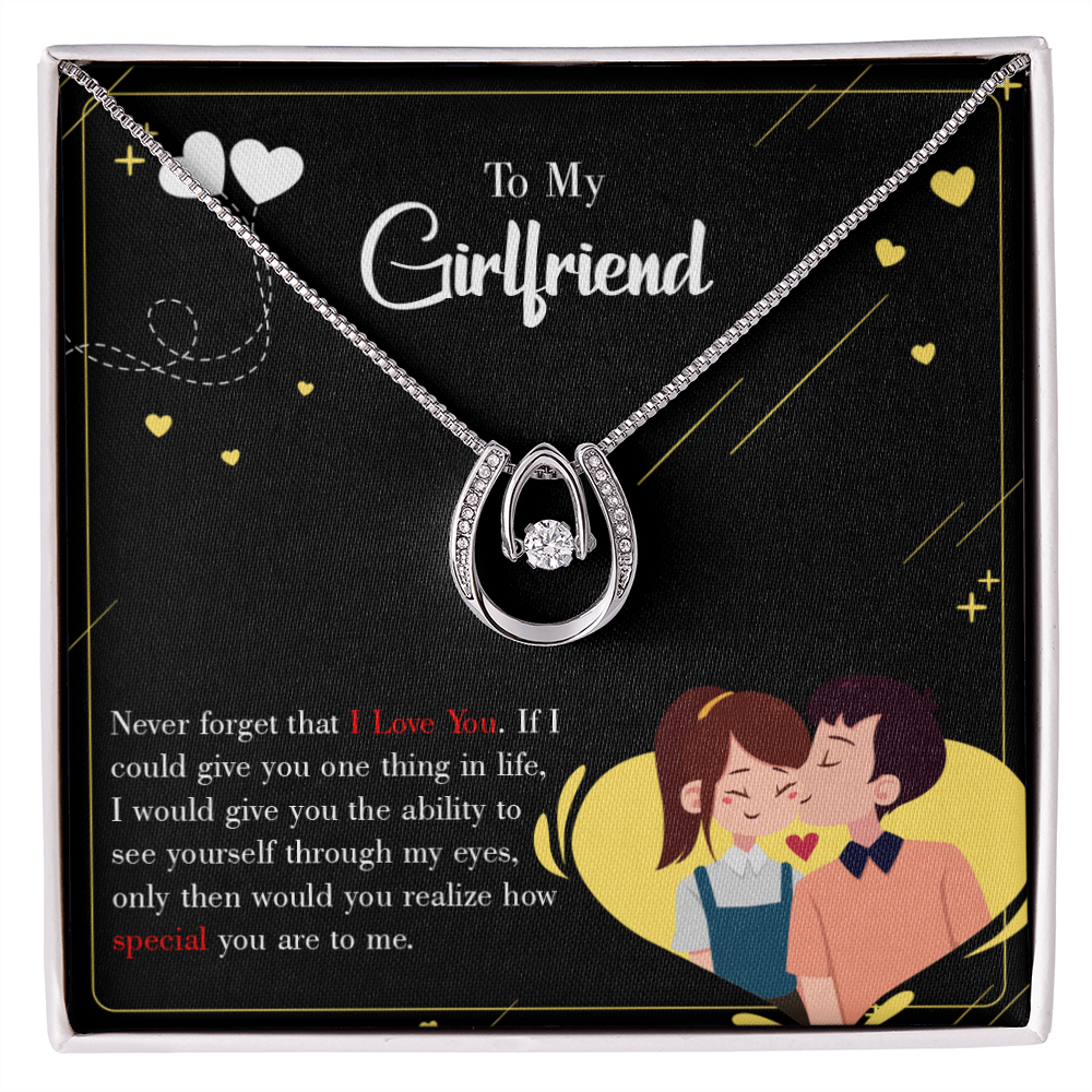 To My Girlfriend Never Forget Lucky Horseshoe Necklace Message Card 14k w CZ Crystals-Express Your Love Gifts
