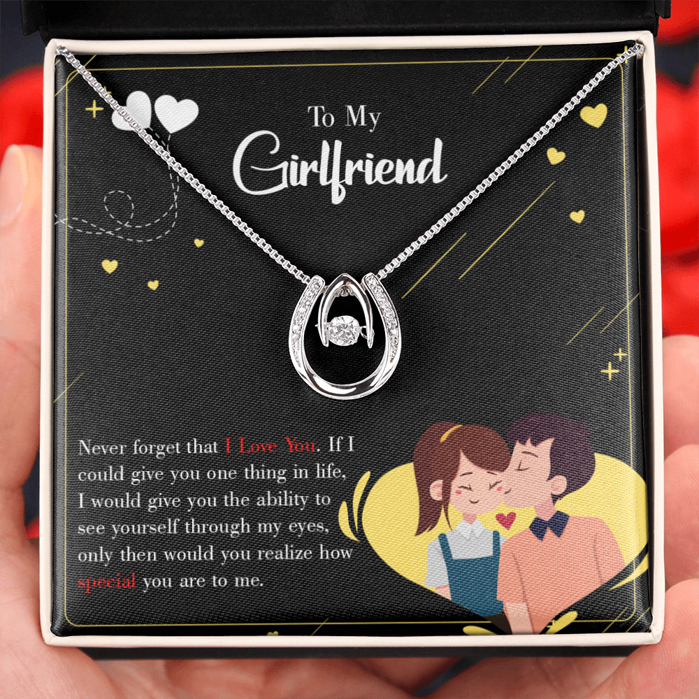 To My Girlfriend Never Forget Lucky Horseshoe Necklace Message Card 14k w CZ Crystals-Express Your Love Gifts