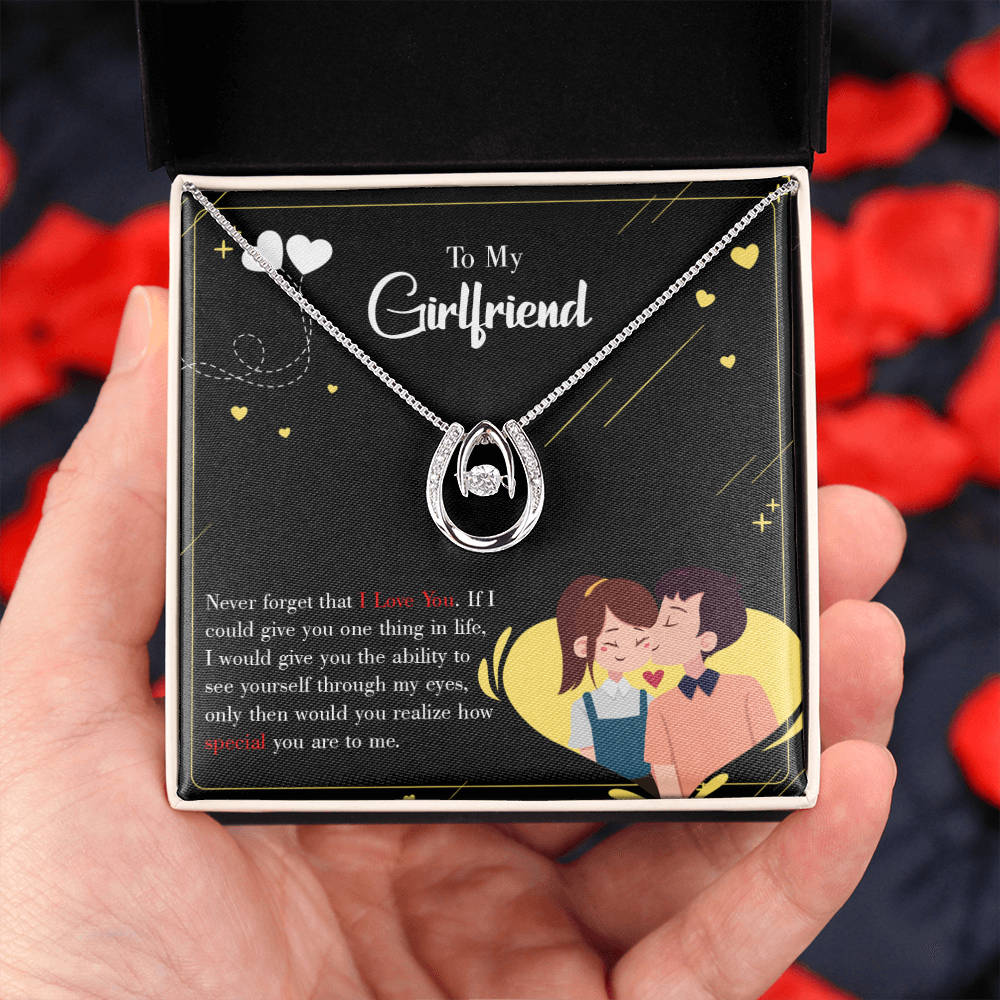 To My Girlfriend Never Forget Lucky Horseshoe Necklace Message Card 14k w CZ Crystals-Express Your Love Gifts