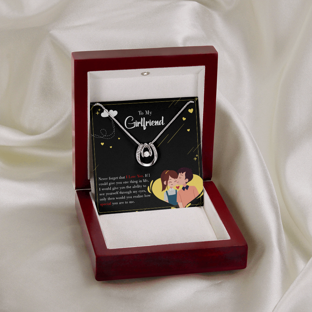 To My Girlfriend Never Forget Lucky Horseshoe Necklace Message Card 14k w CZ Crystals-Express Your Love Gifts