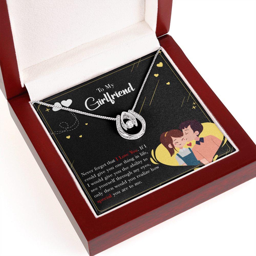 To My Girlfriend Never Forget Lucky Horseshoe Necklace Message Card 14k w CZ Crystals-Express Your Love Gifts