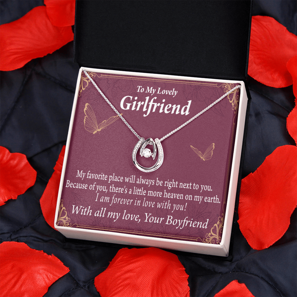 To My Girlfriend Next To You Lucky Horseshoe Necklace Message Card 14k w CZ Crystals-Express Your Love Gifts